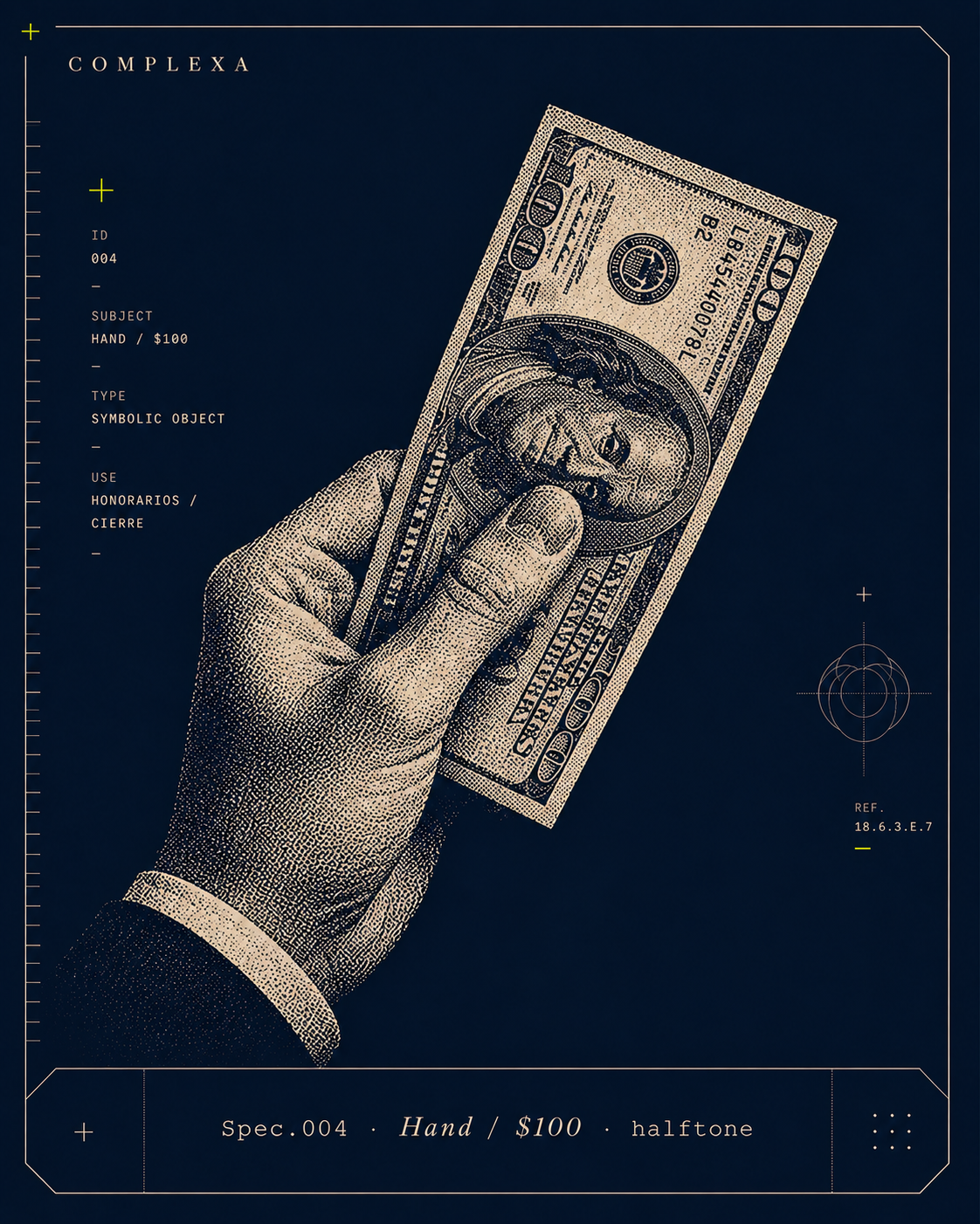 Hand / $100 — espécimen halftone